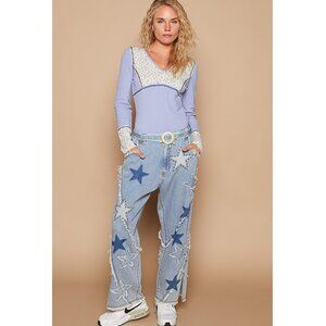 P43 POL Washed Blue Denim Studded Star Patch Jeans